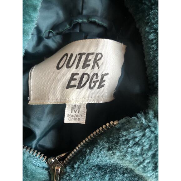 NWOT Outer Edge Green Faux Fur Cropped Jacket Hood Medium Pockets Zipper - Picture 8 of 12